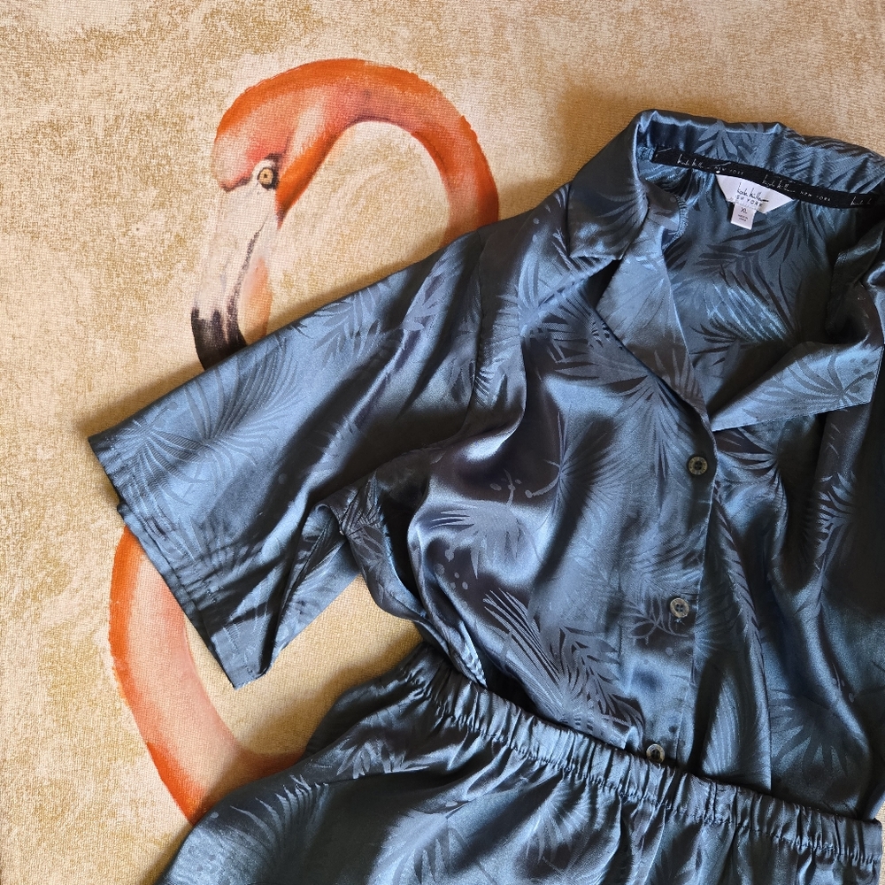 3/$25 Nicole Miller New York Pajama Short Set Sleepwear Satin Finish Floral Teal - Picture 10 of 10